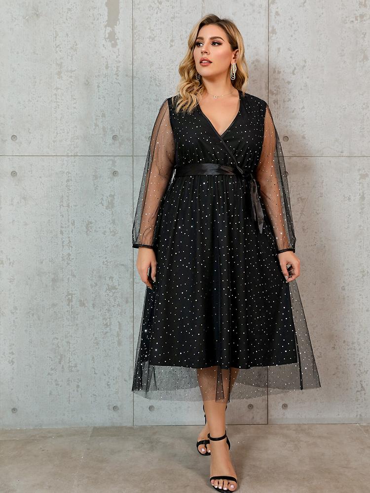 Mesh Sleeve Dot Dress