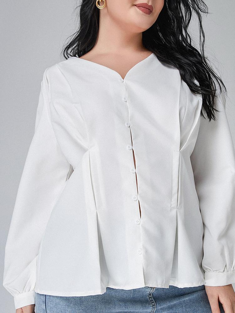 Solid Button Puff Sleeve Blouse