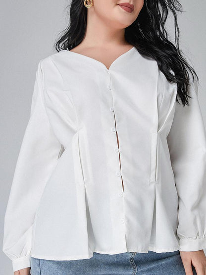 Solid Button Puff Sleeve Blouse