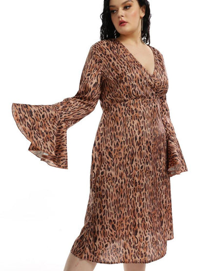 Leopard Flared Sleeve V-neck Wrap Dress