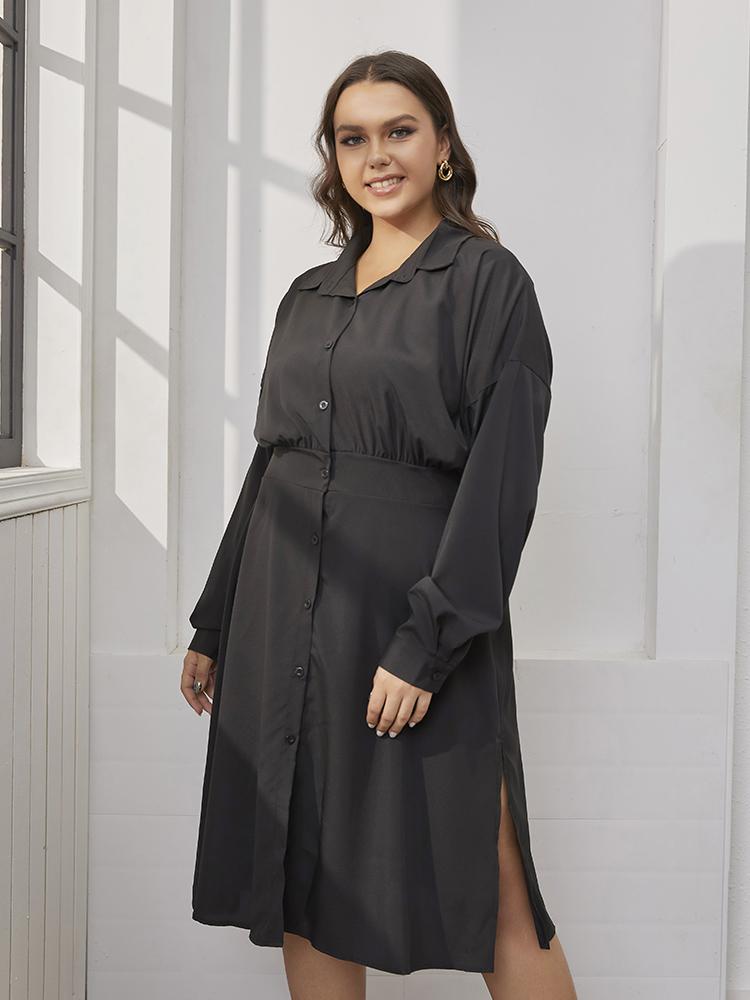 Solid Button Split Shirt Dress