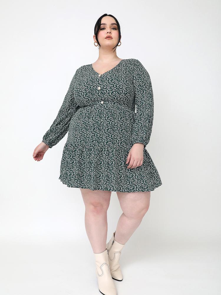 Floral V-Neck Ruffle Hem Dress