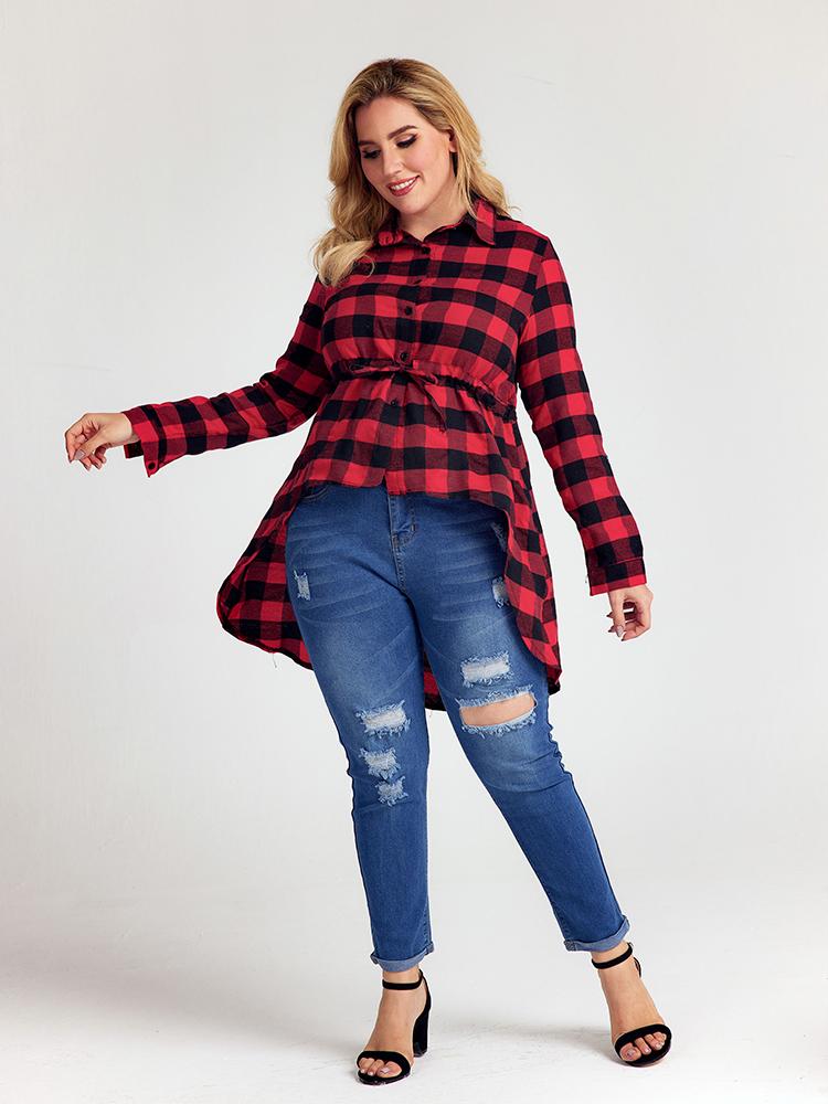 Plaid Irregular Blouse Tops