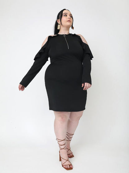 Ruffle Detail Zip Cold Shoulder Dress