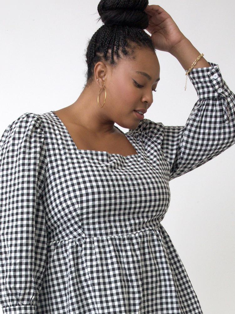 Plaid Puff Sleeve Square Neck Dress