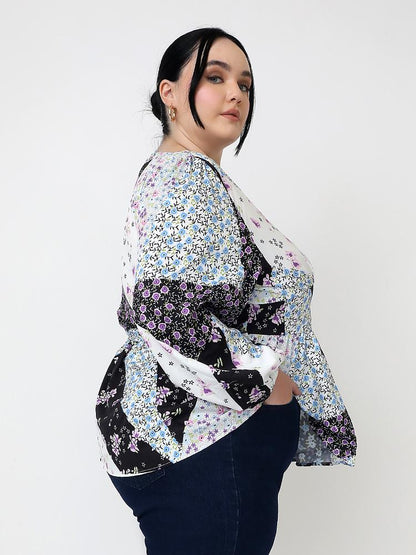 Floral Panel V-neck Tops