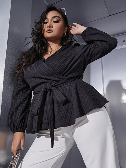 Solid Waist V-neck Wrap Blouse