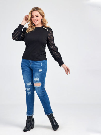 Lace Jacquard Button T-shirt