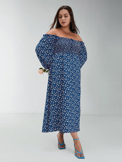 Ditsy Shirred Off Shoulder Maxi Dress