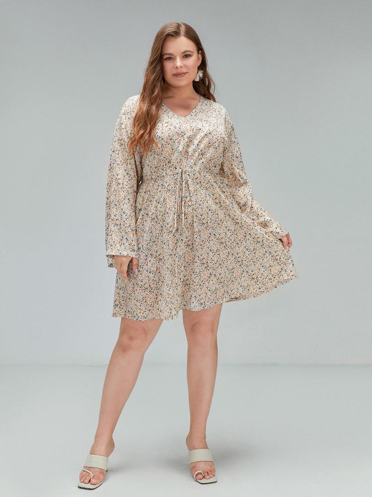 Ditsy Drawstring V-neck Dress