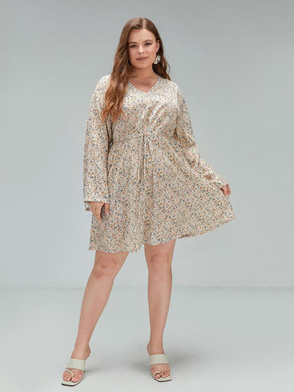 Ditsy Drawstring V-neck Dress