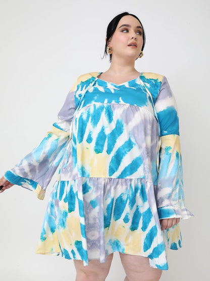 Tie Dye Flared Sleeve Loose Dress