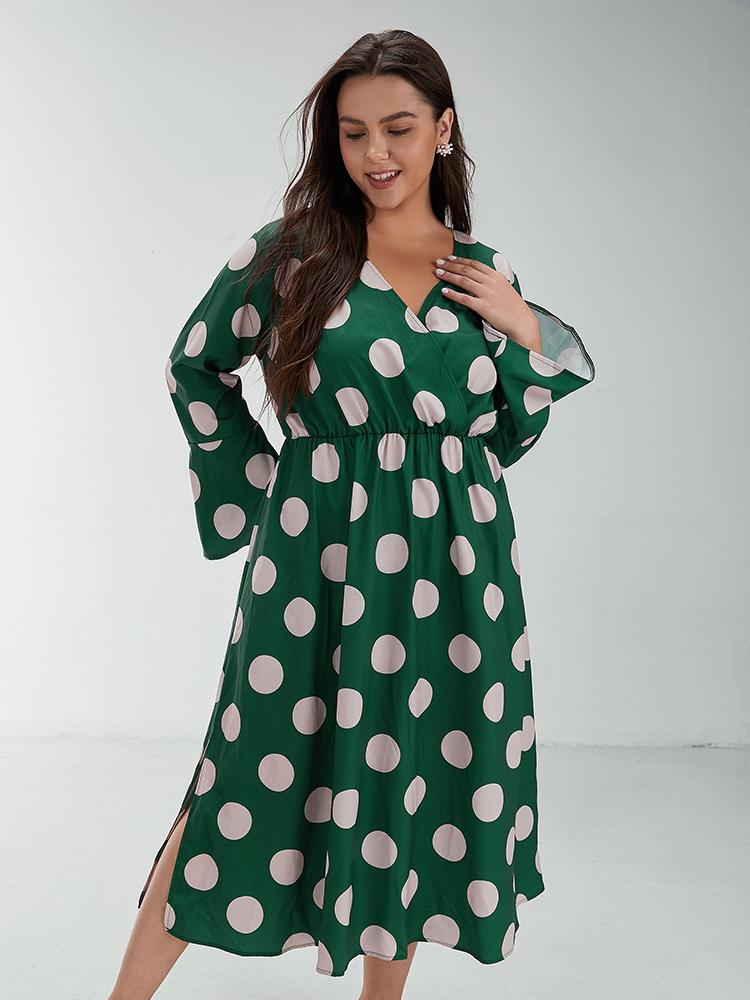 Polka Dot Slit Flared Sleeve Dress