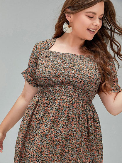 Ditsy Slit Smocking Dress