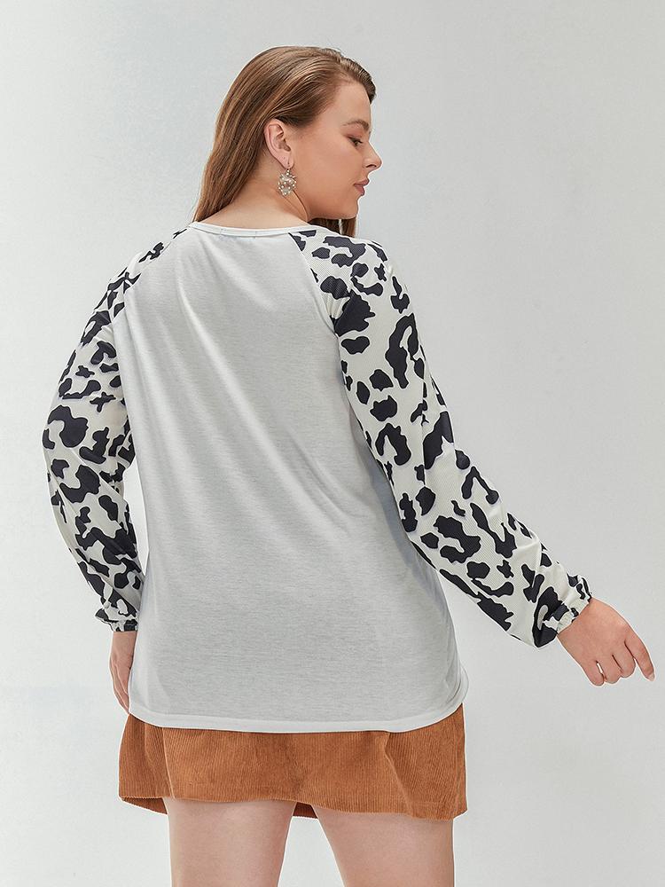 Leopard Print Sleeve Round Neck T-Shirt