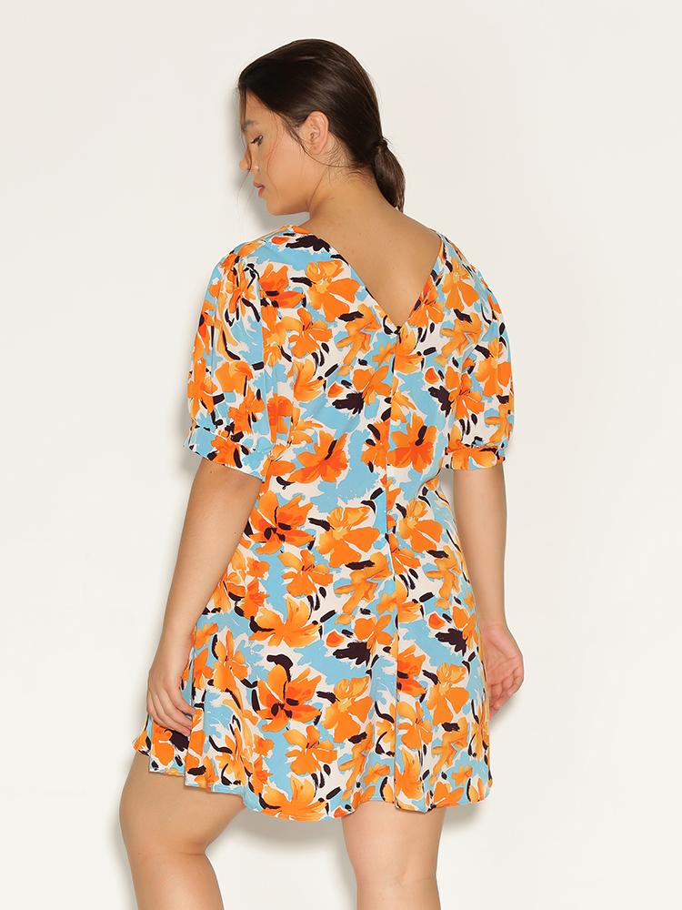 Floral V-Neck Puff Sleeve Dress