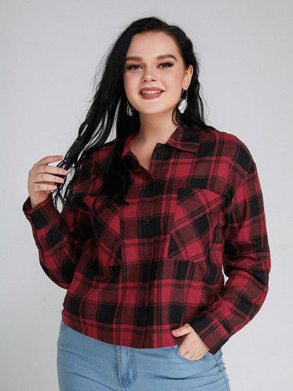 Plaid Pocket Lapel Collar Blouse