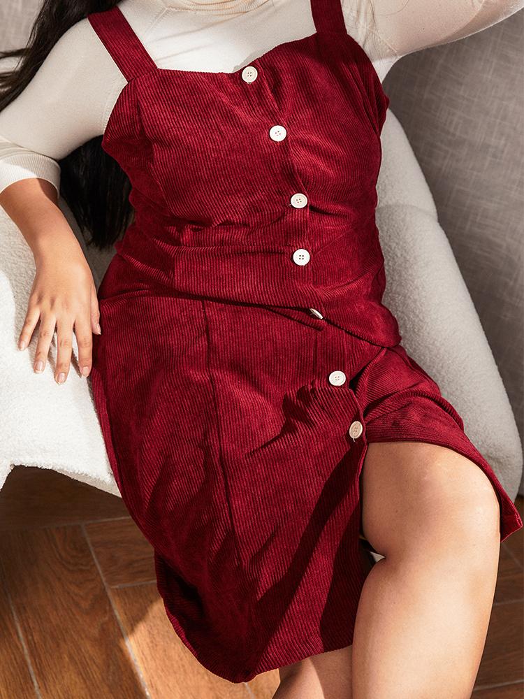 Corduroy Button Through Strap Dress