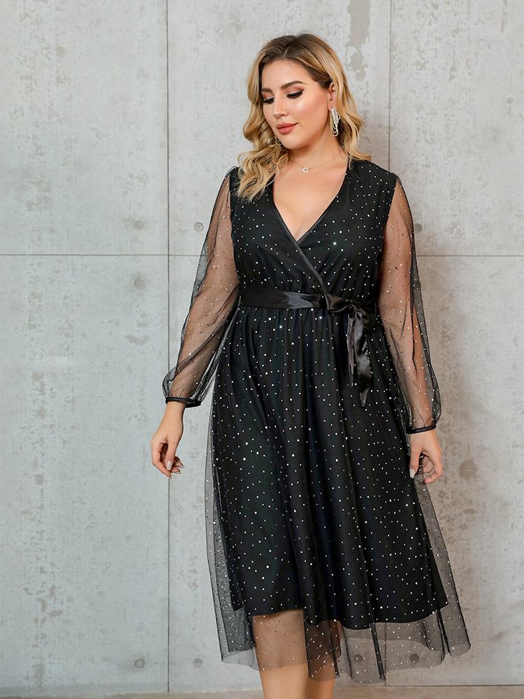 Mesh Sleeve Dot Dress