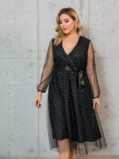 Mesh Sleeve Dot Dress