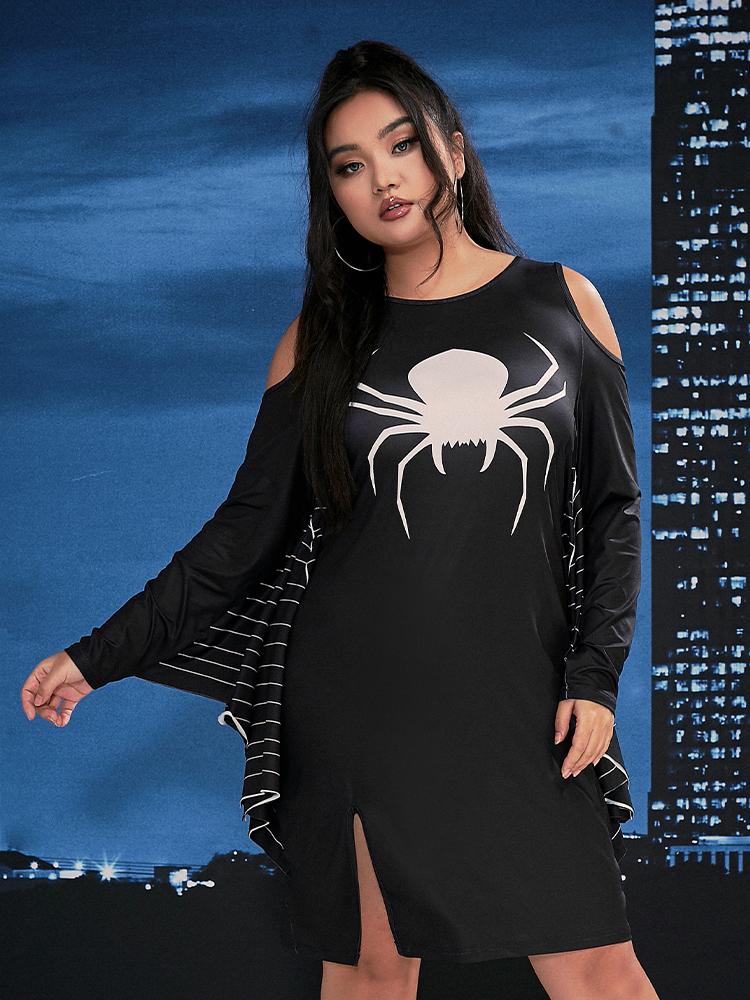 Halloween Spider Slit Cold Shoulder Dress