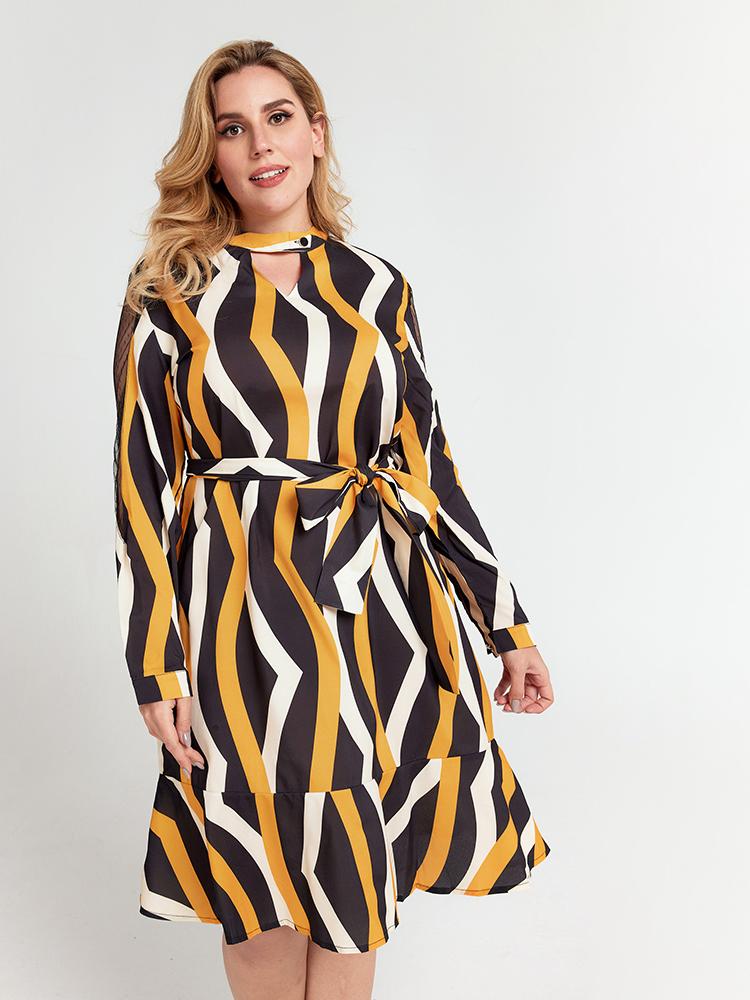 V-neck Striped Belt Dress