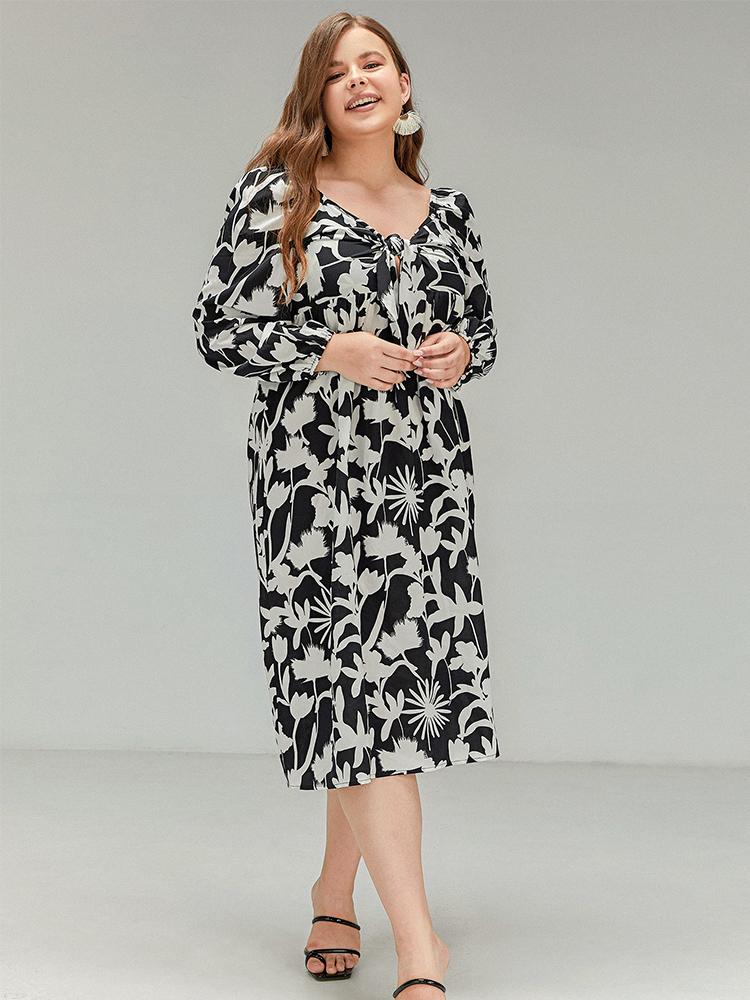 Floral Knotted V-Neck Long Sleeve Dress