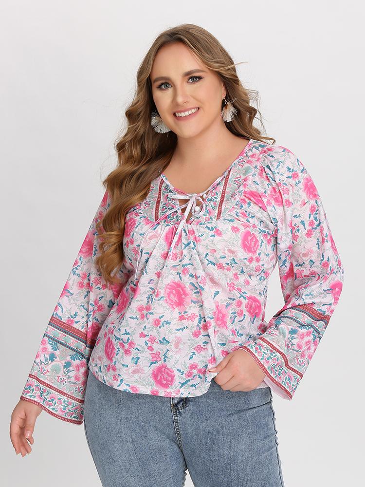 Ethnic Floral Lace Up Blouse
