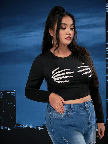 Skull Paw Print Long-sleeved Crop T-shirt