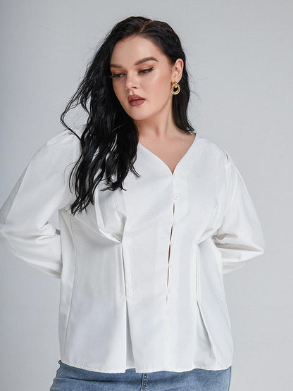 Solid Button Puff Sleeve Blouse