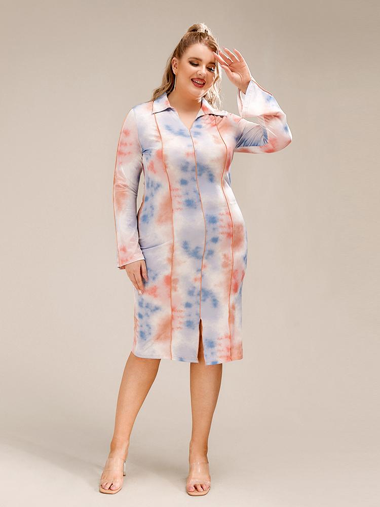 Tie Dye Split Hem Lapel Collar Dress