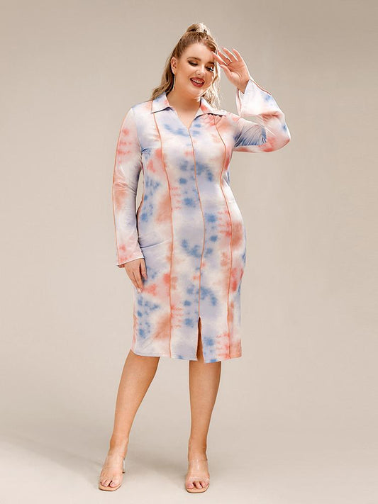 Tie Dye Split Hem Lapel Collar Dress