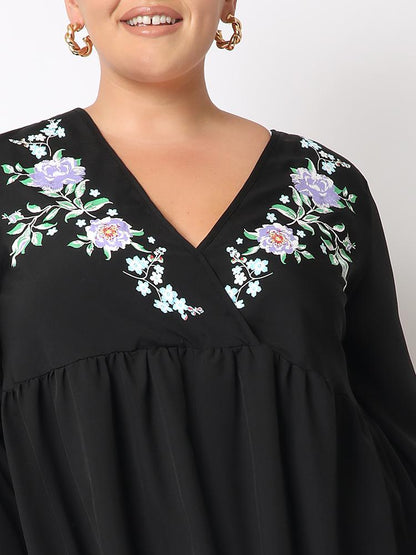 Floral Pleated Loose V-neck Dress