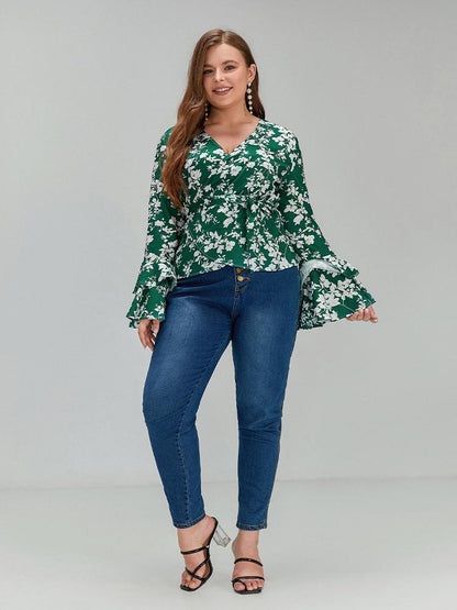 Frilled Flared Sleeve Floral Top