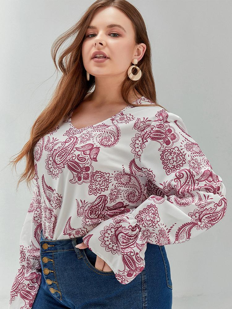 Floral Lantern Sleeve Round Neck Blouse