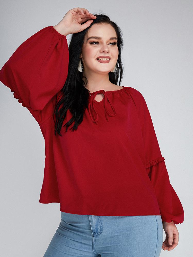 Knotted Notched Neckline Lantern Sleeve Blouse