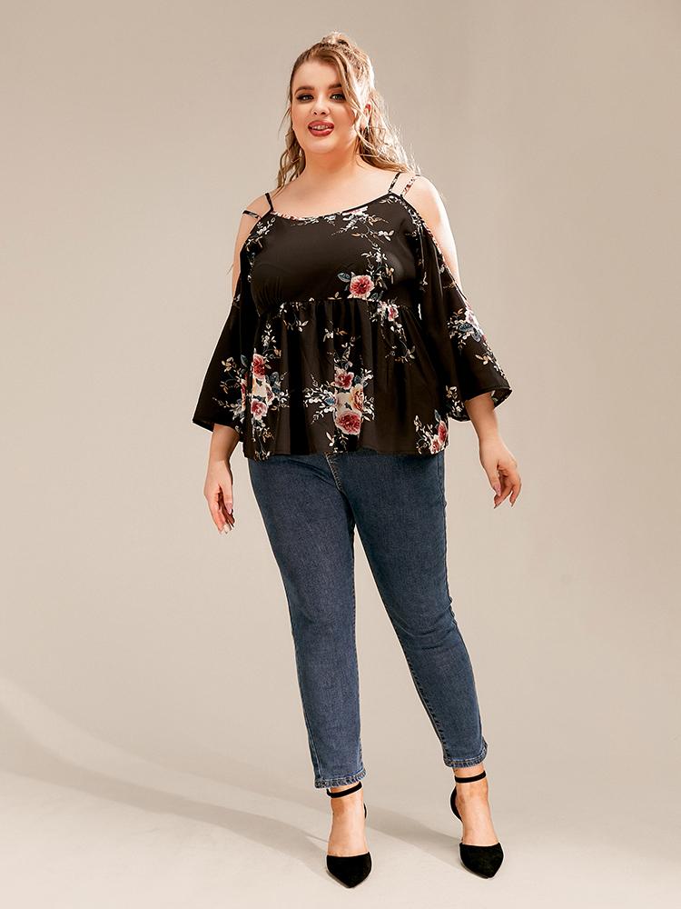 Floral Bell Sleeve Cold Shoulder Blouse