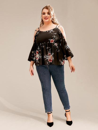Floral Bell Sleeve Cold Shoulder Blouse