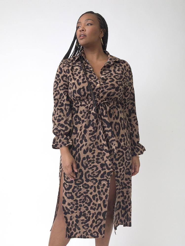 Leopard Print Lapel Collar Shirt Dress
