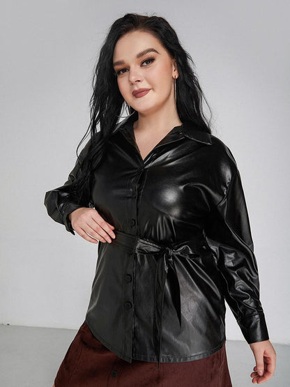 Button Lapel Collar Drop Shoulder Blouse