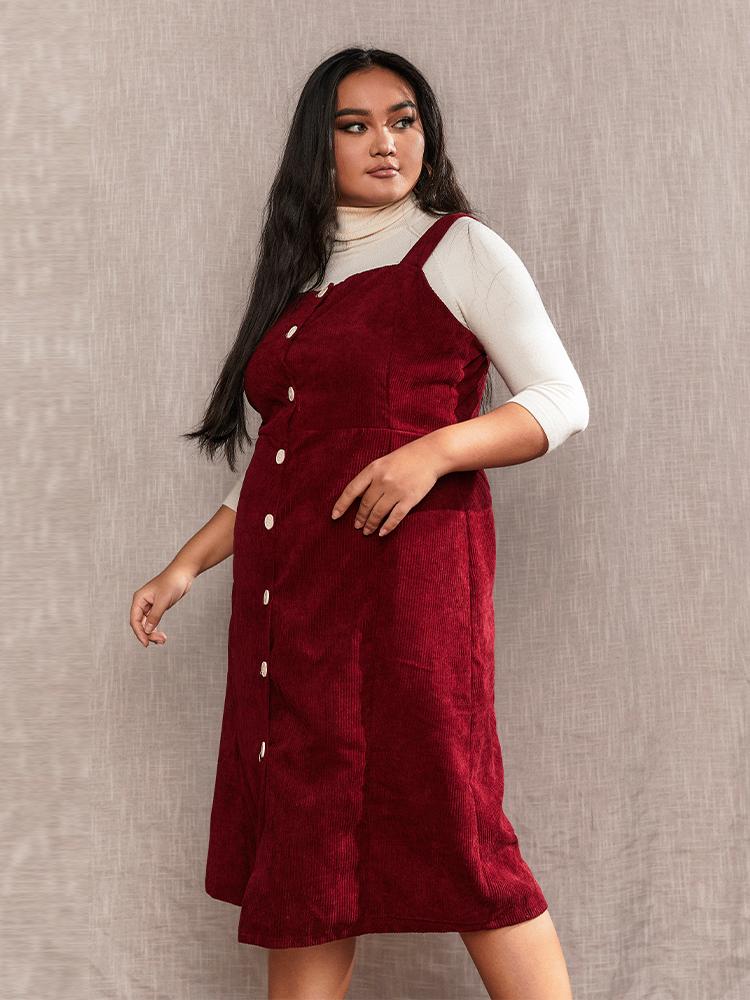 Corduroy Button Through Strap Dress