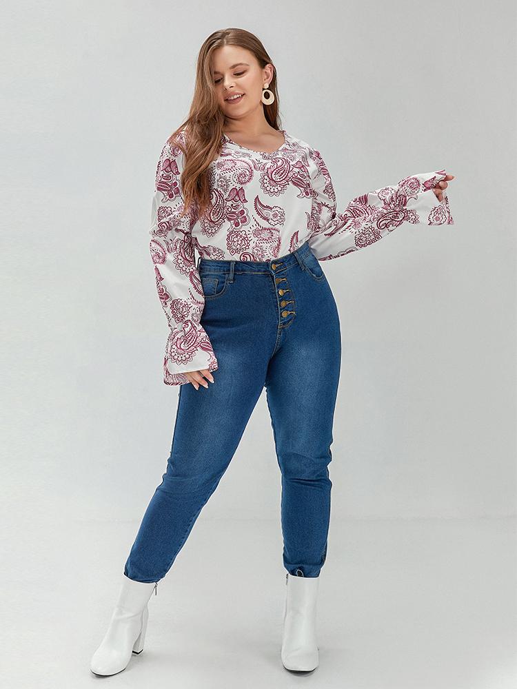 Floral Lantern Sleeve Round Neck Blouse