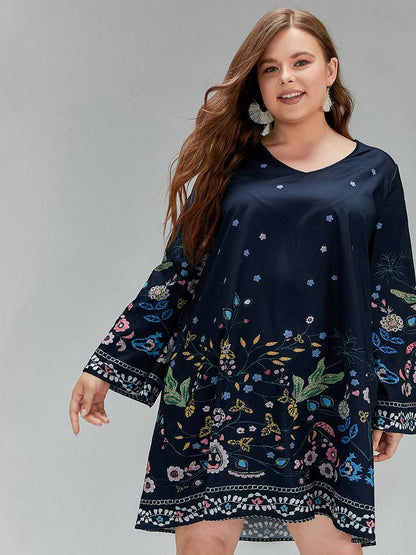 Plant V-neck Flared Sleeve Dress