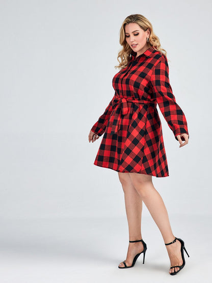 Plaid Belt Lapel Dress
