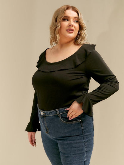 Ruffled Round Neck Long-sleeved T-shirt