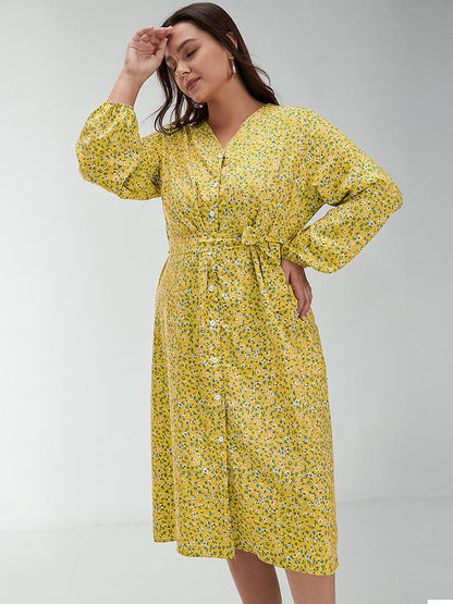 Ditsy Button Through Long Sleeve Dress