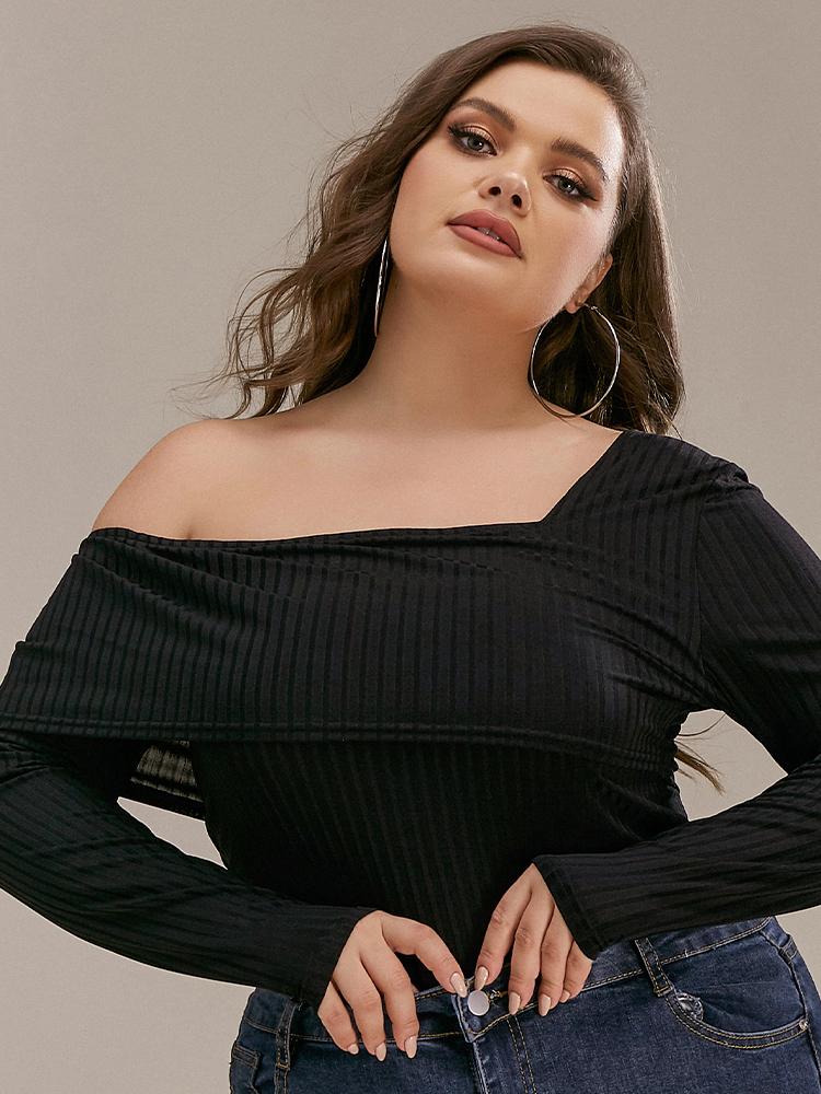 Solid Slanted Shoulder Long-sleeved T-shirt