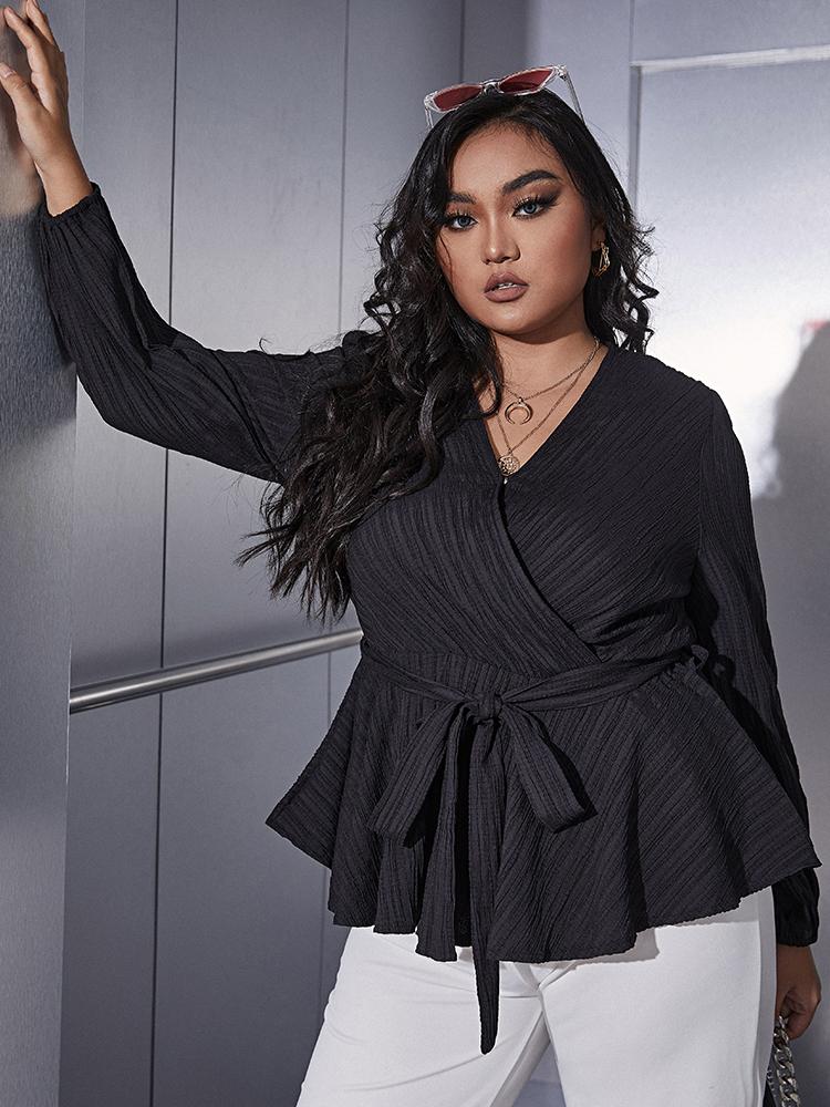 Solid Waist V-neck Wrap Blouse