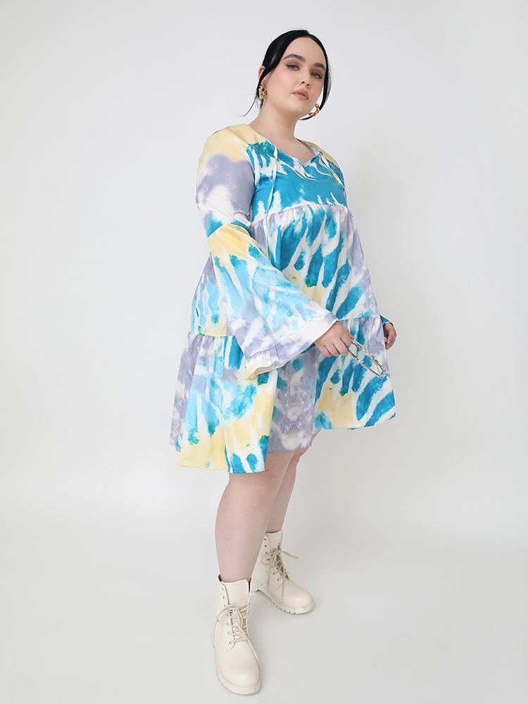 Tie Dye Flared Sleeve Loose Dress