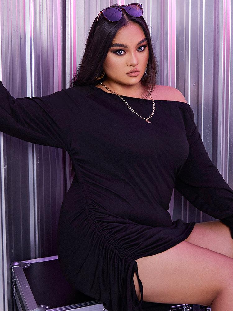 Off Shoulder Ruched Knotted Black Dress